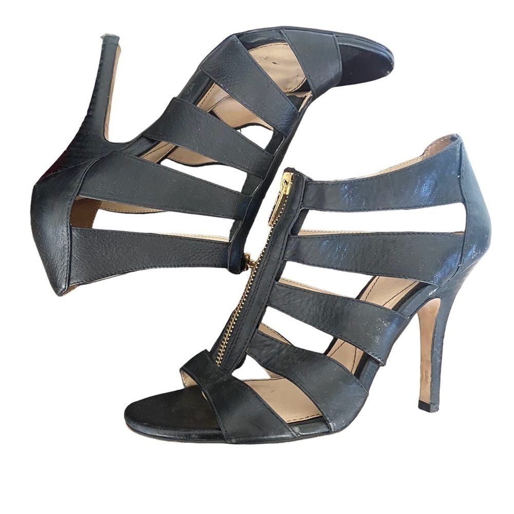 Isola Steffi Cage Front Gold Zip Black Heeled Leather Pumps Size 8